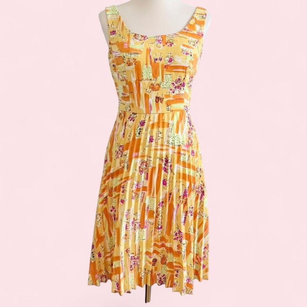 Y2K Danny & Nicole Yellow &‎ Orange Floral Print Pleated Dress Size 6